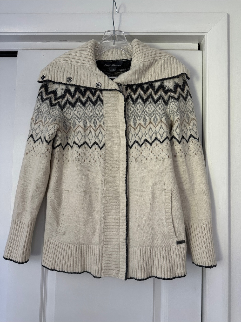 Eddie Bauer Cream Fair Isle Shawl-Collar Zip-Front Cardigan